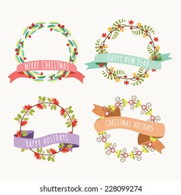 Christmas Hand Drawn Floral Vector Set. Design Elements, Decoration, Ribbons, Laurel, Labels, Wreath and Holidays symbols.