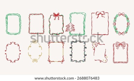 christmas hand drawn frame collection with festive doodle borders in red green gold and blue decorated with bows trees and ornaments perfect for greeting cards invitations posters and holiday design