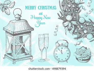 Christmas hand drawn frame for xmas design. Vintage Xmas invitation frame design. Linear graphic. New year vector illustration.