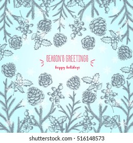 Christmas hand drawn frame for xmas design. Vintage Xmas invitation card design. Linear graphic. New year vector illustration.