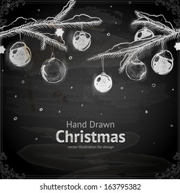 Christmas hand drawn fur tree for Xmas design. With balls, toys and fir-cone.