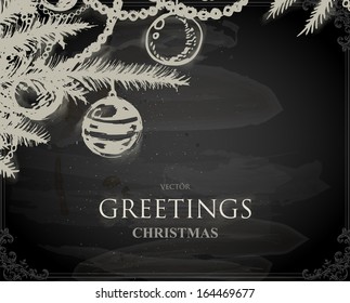 Christmas hand drawn fur tree for Xmas design. With balls, toys and fir-cone.
