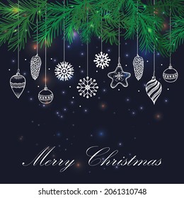 Christmas hand drawn fur tree for xmas design. With balls, toys, snowflakes and fir-cone. Dark magic texture for vintage Xmas invitation design.