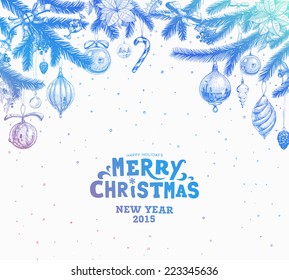 Christmas hand drawn fur tree for Xmas design. With balls, toys, candy cane, mistletoe, holly berries and fir-cone. Holiday invitation design. Modern Colors Version. 