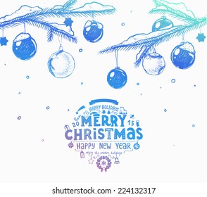Christmas hand drawn fur tree for Xmas design. With balls, toys, candy cane, mistletoe, holly berries and fir-cone. Holiday invitation design. Modern Colors Version. 