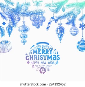 Christmas hand drawn fur tree for Xmas design. With balls, toys, candy cane, mistletoe, holly berries and fir-cone. Holiday invitation design. Modern Colors Version. 