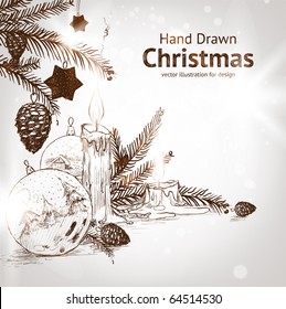 Christmas hand drawn fur tree for xmas design. With balls, toys and fir-cone and candle.