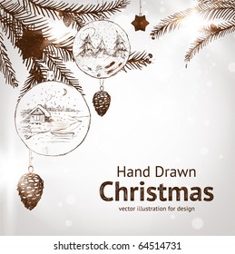 Christmas hand drawn fur tree for xmas design. With balls, toys and fir-cone