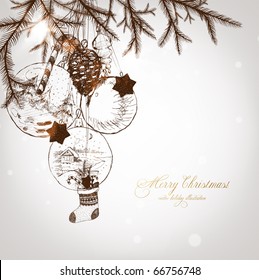 Weihnachtsfellbaum für Weihnachtsdesign. Mit Bälle, Spielzeug und Tannenkegel.
