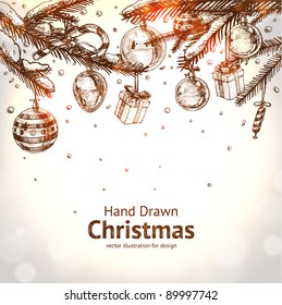 Christmas hand drawn fur tree for xmas design. With balls, toys and fir-cone.