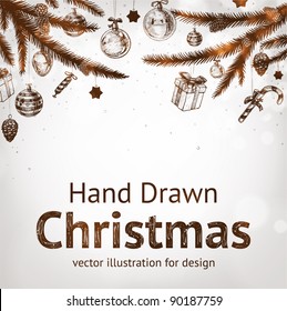 Christmas hand drawn fur tree for xmas design. With balls, gifts, toys and fir-cone.