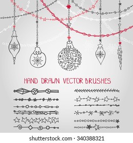 Christmas Hand drawn garland brushes with ornate balls.New year doodle pattern textures.Decoration vector set.Winter symbols in line border.Used Black  brushes included.Design template,card