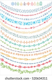 Christmas Hand drawn garlands and christmas balls.New year doodle pattern textures,snowflakes, lamps, stars ornament.Decoration vector set.Winter symbols