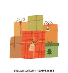 Christmas hand drawn gift boxes. Vector illustration in hand drawn flat style.