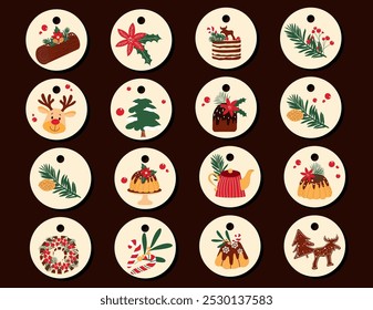 Christmas hand drawn gift tags set with winter elements. Vector design for presents packing.