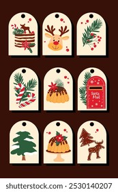 Christmas hand drawn gift tags set with winter elements on beige background. Vector design for presents packing