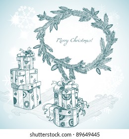 Christmas hand drawn gifts and fir tree wreath