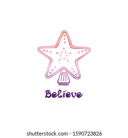 Christmas hand drawn greeting card with star shaped bauble and text on white background. Gradient from coral and violet. Inscription: Believe