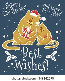 Christmas hand drawn greeting card template. Merry Christmas and Happy New Year lettering. Winter holiday design. Funny cats, gift, candy, snowflakes on blue  background. Vector illustration.