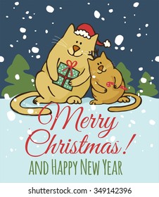 Christmas hand drawn greeting card template. Merry Christmas and Happy New Year lettering. Winter holiday design. Funny cats, gift, candy, snowflakes on blue  background. Vector illustration.