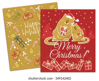 Christmas hand drawn greeting card template. Merry Christmas and Happy New Year lettering. Winter holiday design. Funny cats, gift, candy, snowflakes on blue  background. Vector illustration.