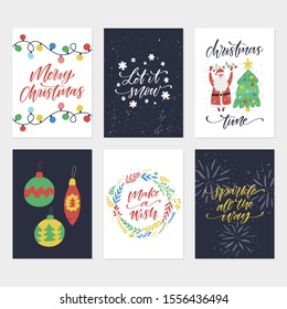 Christmas hand drawn greeting cards. Vector set. Great print for invitations, posters, tags. Merry Christmas. Let it snow. Make a wish. Christmas time. Festive banners in flat cartoon style