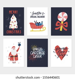 Christmas hand drawn greeting cards. Vector set. Great print for invitations, posters, tags. Merry Christmas. Santa's special delivery. Peace Love Joy. Festive banners in flat cartoon style