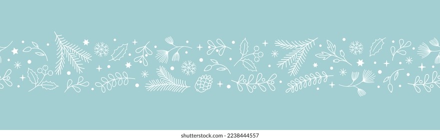 Christmas hand drawn horizontal seamless border with winter branches, holly, mistletoe, snowflakes, berries. Festive design, great for decorations, prints, postcards.