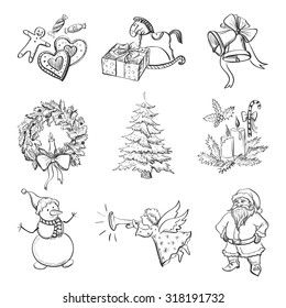 Christmas hand drawn icon set with Christmas mittens, candy cane, holly berries, smiling snowman and stocking, xmas tree, Deer, Santa, angel, christmas toys, gifts and bells.