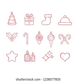 Christmas hand drawn icons, handmade linear doodles