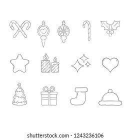 Christmas hand drawn icons, handmade linear doodles