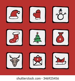 Christmas hand drawn icons set. Santa stuff. Colored on red background.
