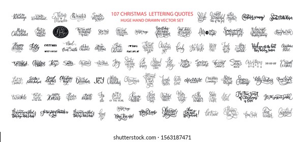 Christmas Hand Drawn Ink Lettering Vector Greeting Quotes. Merry Christmas and Happy New Year Big Textured Calligraphy Set. Xmas Typography Collection.