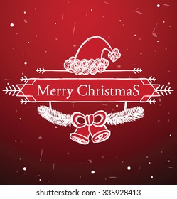 Christmas hand drawn label with white  Christmas hat , bells and christmas tree branches on red background, vector