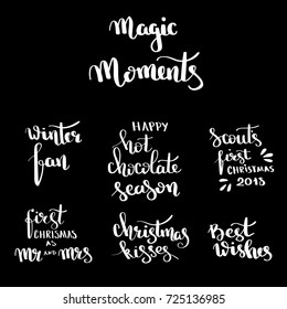 Christmas hand drawn lettering Design set. Handwritten Christmas quotes and wishes modern calligraphy lettering for postcards, tags, blog. Holiday season design, vector illustration.