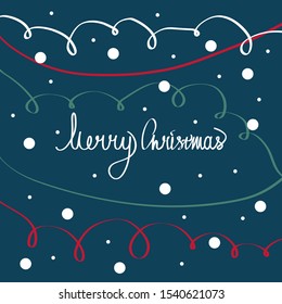 Christmas hand drawn lettering. Merry christmas card template with garland and snow