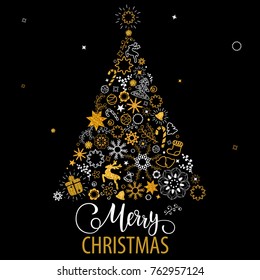 Christmas hand drawn lettering. Christmas tree decoration, snowflakes, gifts. Golden glitter texture. Winter holidays. Vector Illustration EPS10.