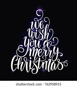 Christmas hand drawn lettering. Christmas tree decoration, snowflakes, gifts. Winter holidays