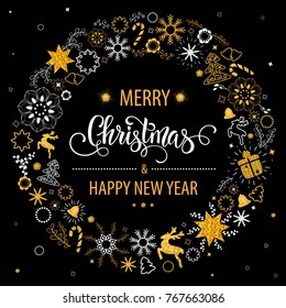 Christmas hand drawn lettering. Christmas tree decoration, snowflakes, gifts. Golden glitter texture. Winter holidays. Vector Illustration EPS10.