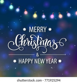 Christmas hand drawn lettering. Christmas tree decoration, snowflakes, gifts. Winter holidays.
