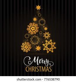 Christmas hand drawn lettering. Christmas tree decoration, snowflakes, gifts. Winter holidays.