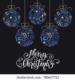 Christmas hand drawn lettering. Christmas tree decoration, snowflakes, gifts. Winter holidays.