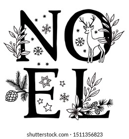 Noël / Christmas : Hand drawn letters decorated with floral elements and snowflakes