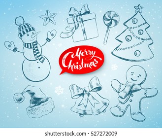Christmas hand drawn line art vector set with festive objects and red lettering banner on soft blue winter background.