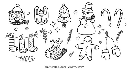 Christmas hand drawn line decor set, snowman, gingerbread man, bear, deer, hare, socks, caramel cane, fireplace, Christmas tree. Holiday ornament sketch doodle. Vector illustration isolated on white.