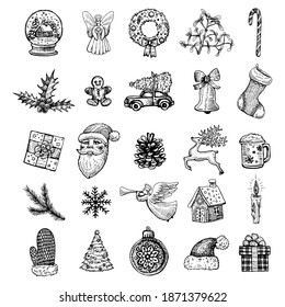 Christmas hand drawn line icons, good for social media design, holiday story highlight icons in vintage style.