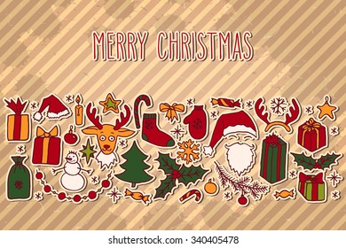 Christmas hand drawn paper doodle card with hand written greetings over vintage brown striped background. Santa, Christmas tree, reindeer, snowman, snowflakes, gifts, decorations, holly, stars.