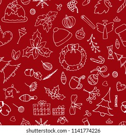 Christmas hand drawn pattern background.Festive, wrapping paper, vector illustrations.