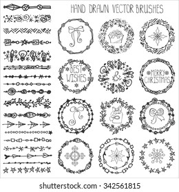 Christmas Hand drawn Pattern brushes.New year doodle textures,snowflakes, stars,artistic ornament.Decoration vector set.Holiday Circle frame wreath with winter symbols.Used  brushes included