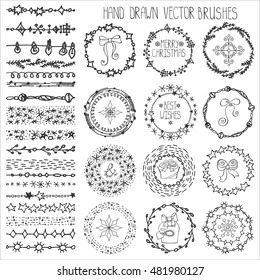 Christmas Hand drawn Pattern brushes.New year doodle textures,snowflakes, stars,artistic ornament.Decoration vector set.Circle frame wreath with winter symbols.Used  brushes included